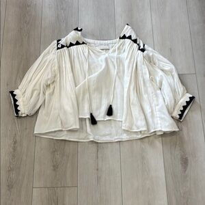 White Boxy Blouse with Black Embellishments and Sailor Collar